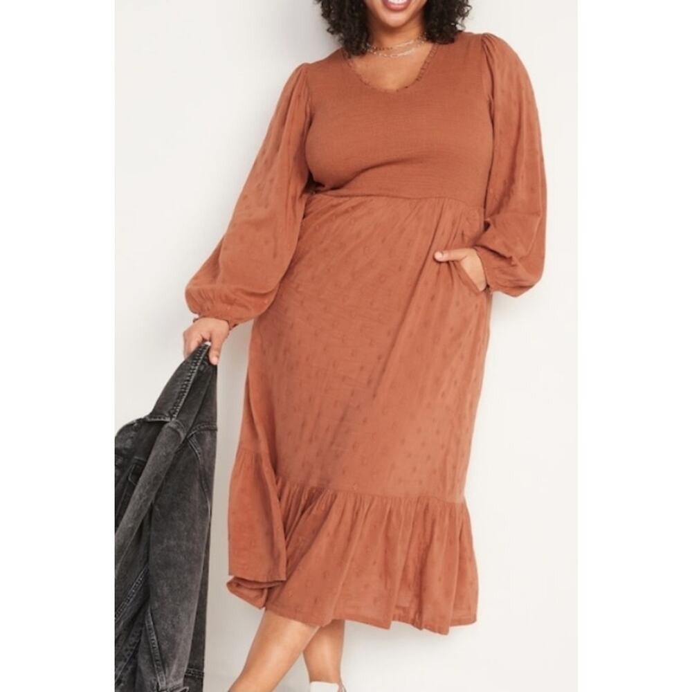 Old Navy Women Dress Boho Warm Hickory Swiss Dot Smocked Pockets XL Stretch NWT